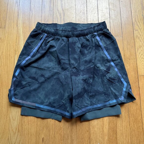 Lululemon Men Size M Black Tidal Dye Surge 6" Bold Lines Athletic Running Shorts - Picture 7 of 15